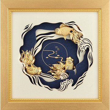 開運陶源 雅鑑鑫品 【真愛系列-十分投合】 如魚得水 純金金箔畫 22.5 x 22.5cm 可掛牆壁  也可立在桌上