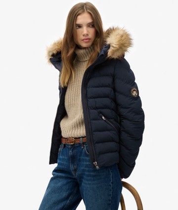 Superdry Women's Fuji Faux Fur Hood Padded Jacket Navy Size: 2