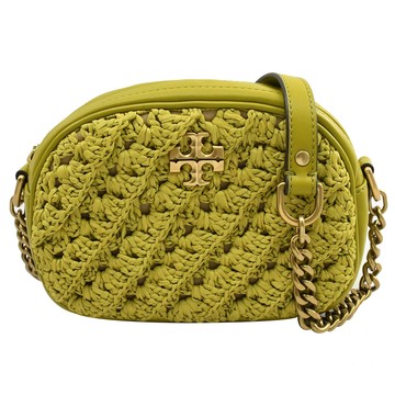 TORY BURCH 82418 KIRA 經典草編拼皮斜背相機包.棕綠色
