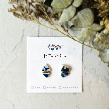 【再次販售】紋樣各異 獨一無二 日本海漂陶器 金繼（Kintsugi）線條 耳環/耳夾/無孔耳夾 陶器 藍色 寶藍色 白色 金色 小巧