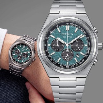CITIZEN 星辰 Zenshin 新鈦度 限量 超級鈦 光動能復古三眼計時手錶 1212購物節 送禮推薦-銀x綠 CA4610-85X