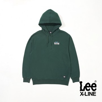 Lee 男款 X-LINE後背印花長袖連帽厚TEE 深綠｜X-LINE