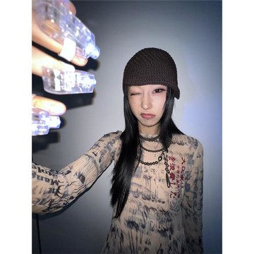 美伢FUZZYKON 原創設計 亞文化文字印花立體植絨網紗長袖