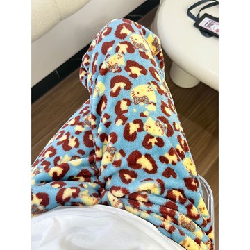 薇衣//新品上架 女生秋冬褲子 加絨長褲 豹紋kitty貓睡褲女冬季新款珊瑚絨加厚保暖法蘭絨家居褲可外穿ins