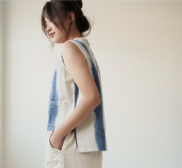 【棉麻手工藍染】前短後長無袖上衣 3色