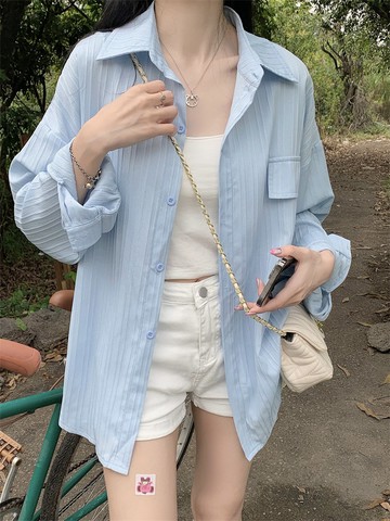 💕甜心大尺碼💕大尺碼襯衫 長袖防曬衣女款夏季襯衫外套胖mm寬鬆遮肚顯瘦休閒上衣