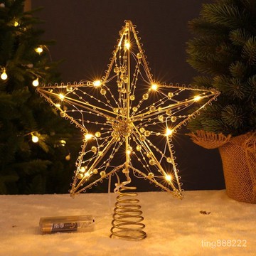 臺灣熱銷~【有統編發票】聖誕樹髮光樹頂星鐵藝LED星星電池款金色五角星樹頂星聖誕裝飾品