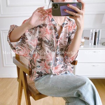 2025夏季新款短袖V領碎花襯衫女寬松顯瘦系帶防曬衣棉紗透氣上衣