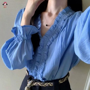 臺灣出貨 法式小資藍色木耳邊長袖襯衫女秋季新款高級感寬鬆顯瘦喇叭袖上衣女生長袖長袖T恤長袖法式長袖TT恤