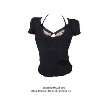 掛脖蕾絲拼接短袖t恤女夏季新款正肩修身黑色短款假兩件辣妹上衣