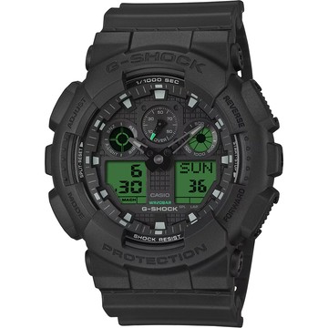 CASIO G-SHOCK 經典黑與電光綠雙顯手錶 學生錶 GA-100BEG-1A