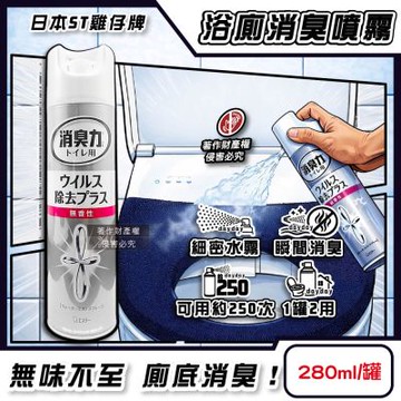 日本ST雞仔牌-消臭力浴廁空間瞬效消臭噴霧280ml/罐-無香粉(如廁後空氣清新劑,布製馬桶坐墊套脫臭防異味,廁所腳踏墊除臭,衛浴環境淨味清新)