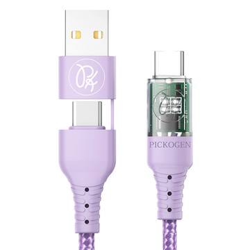 PICKOGEN 皮克全 二合一 雙Type-C USB-A TO Type-C PD充電線傳輸線 智能斷電 閃速 ca-2407 紫色  1.2m  1條