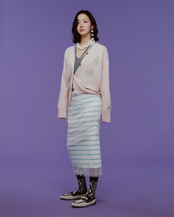 MARDI MERCREDI 金高銀同款 蕾絲拼接長裙 天空藍色 條紋 層次設計 LACE HEM MAXI SKIRT STRIPE LAYERED
