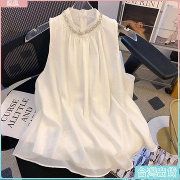 台灣熱銷👗重工鑲鑽掛脖雪紡衫女2025夏款高級感無袖小上衣寬鬆遮肚子娃娃衫