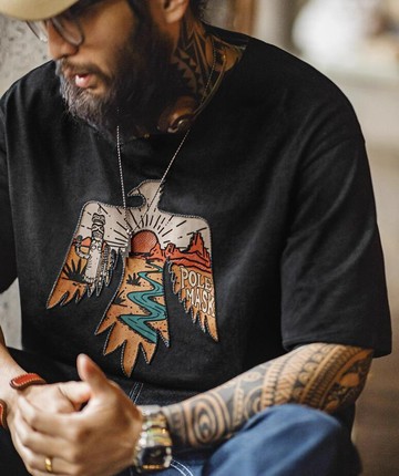 馬登工裝 美式復古印第安雷鳥T恤棉重磅民族風刺繡印花短袖男夏季