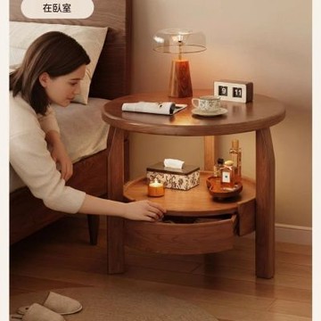 HANACO 實木中古風床頭櫃 抽屜款58X60CM 家用客廳帶抽屜茶几 茶桌 陽臺小圓桌 床頭桌置物架 圓形創意床頭櫃