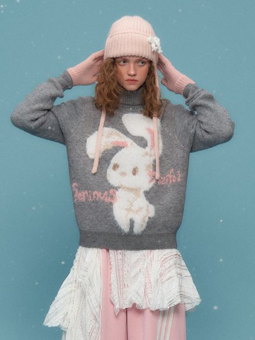 ziziFei秋冬美式復古設計高級感毛絨兔子軟糯慵懶灰色高領毛衣女