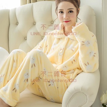 珊瑚絨睡衣 秋冬季加厚款女套裝家居服加絨可愛法蘭絨長袖開衫大碼【樹可雜貨鋪】【不二雜貨】