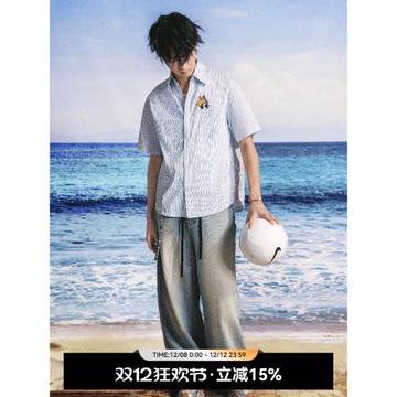 QUARTER IN NIGHT星月系列25春新藍白條紋刺繡短袖襯衫連衣裙情侶