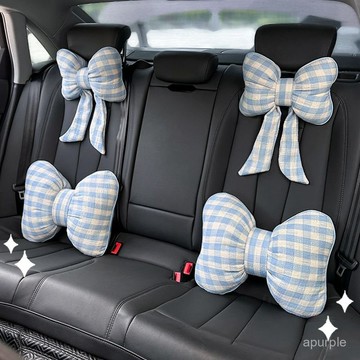 汽車頭枕護頸枕蝴蝶結格子靠枕四季通用車載座椅枕頭腰靠一對女神 LSE9