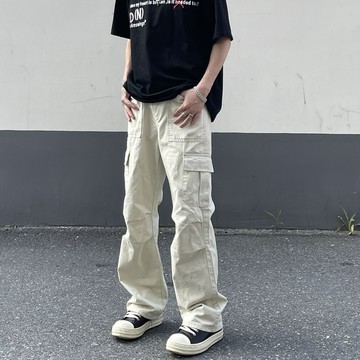 Blie 工裝褲男 褲子 長褲男 休閒褲多口袋米白色工裝褲男美式高街潮牌機能直筒高級感垂感闊腿長褲