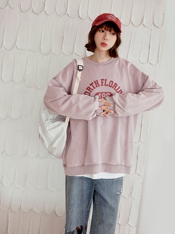 純棉水洗字母印花寬鬆大學T