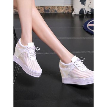 夏季透氣網面里外全真皮內增高9cm小白鞋女坡跟厚底運動休閑鞋子