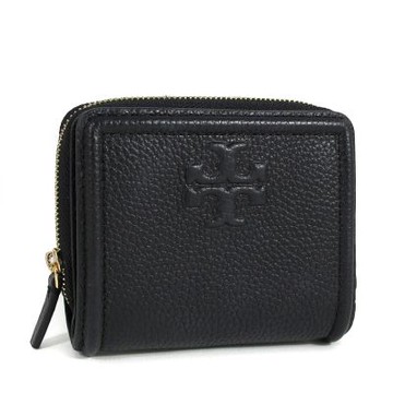 TORY BURCH THEA 浮雕雙T LOGO鵝卵石紋皮革拉鍊式短夾(黑色)