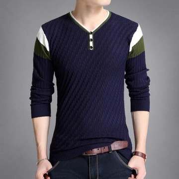 秋季新款男士長袖T恤男裝V領針織衫薄款線衣韓版修身青年打底小衫