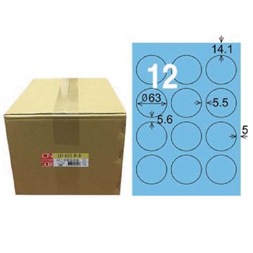 【龍德】LONGDER 三用電腦標籤 A4 12格 圓型標籤 直徑63mm淺藍1000張/箱 LD-821-B-B(適用雷射、噴墨、影印)