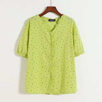 棉V領圓點襯衫 夏季新款木耳邊短袖T恤衫女紐扣開衫寬松上衣A/4-2