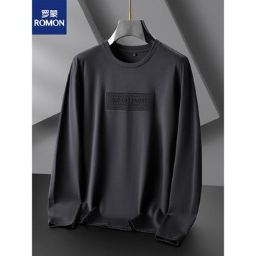 羅蒙春秋季大碼長袖t恤男寬松純色高端胖子加肥加大圓領打底衫潮