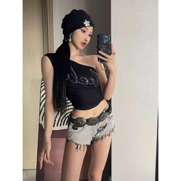 爆款直降價 短褲 牛仔褲  休閒褲 百搭女褲 美式復古辣妹新款牛仔褲女低腰淺灰色破洞毛邊熱褲小衆個性超短褲