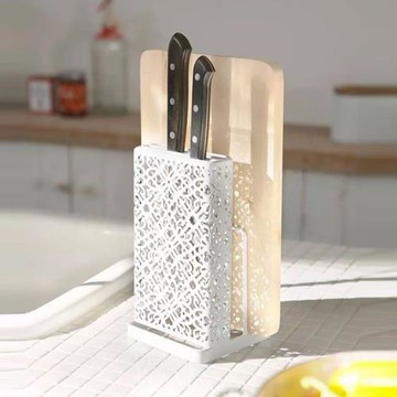 逗點  縷空鐵藝刀具砧板收納架 白