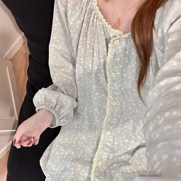 慵懶風圓領碎花睡衣女士春秋季新款帶胸墊長袖長褲舒適親膚家居服家居服韓版睡衣睡衣睡衣女套裝休閒睡衣