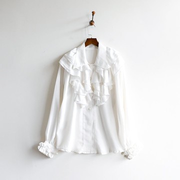 【蛋植物古著】 清晨霧影繁複荷葉綴飾古著襯衫