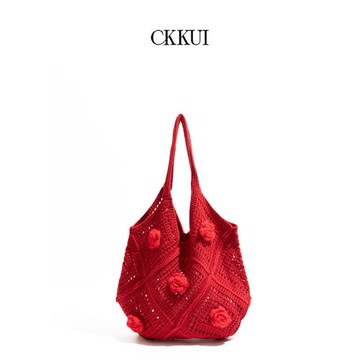CKKUI 假日出游編織紅色包包花朵小清新針織包慵懶風大容量單肩包