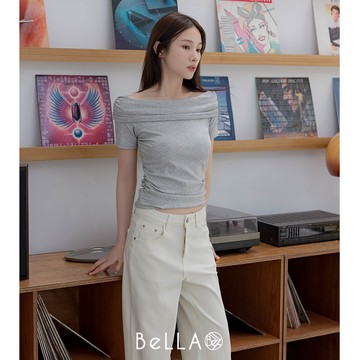 【初夏新品】BeLLA 一字領棉質上衣 灰色