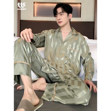 睡衣男士春秋季新款冰絲長袖青少年男款大碼簡約仿真絲家居服套裝