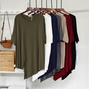 莫代爾開叉不規則t恤女夏中長款遮擋屁股九分短袖寬松瑜伽服上衣