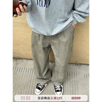 純棉休閑長褲子男生秋款日系卡其色寬松直筒垂感男款秋天褲子男