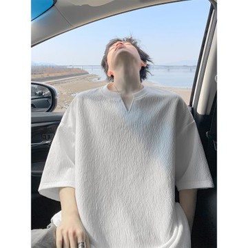 肌理感冰絲速干V領短袖t恤男士夏季新款寬松大碼休閑純色男生上衣