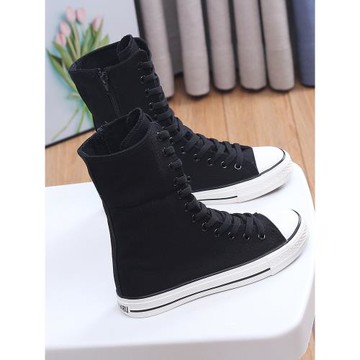 側拉鏈內增高帆布鞋子女2025年新款春夏高幫平底鞋黑色軟底大碼鞋