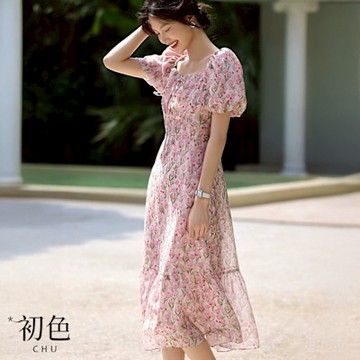 初色 法式甜美鬱金香碎花印花收腰方領泡泡袖蝴蝶結連衣裙連身洋裝長洋裝-粉色-12151(M-3XL可選)