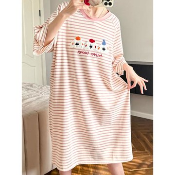 卡通條紋睡裙女夏天純棉短袖可愛寬松休閑網紅風可外穿甜美家居服