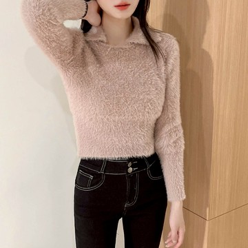 立領水貂毛上衣【12313】Sandy33實拍秋冬新款韓系INS修身顯瘦氣質純欲翻領長袖保暖針織上衣 針織毛衣 針織衫