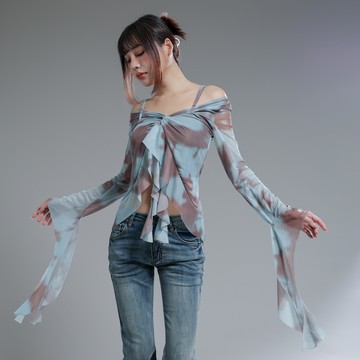 辣妹暈染喇叭紗網上衣-綠【KT223904】