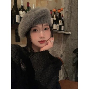 馬海毛貝雷帽女秋冬季灰色保暖蓓蕾畫家帽日系大頭圍顯臉小帽子潮