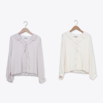 【CUMAR】雙層翻領排釦條紋緹花襯衫 粉 杏